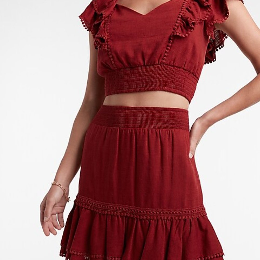 Express NWT Linen-Blend Tie Back Ruffle Top and Skirt set Large